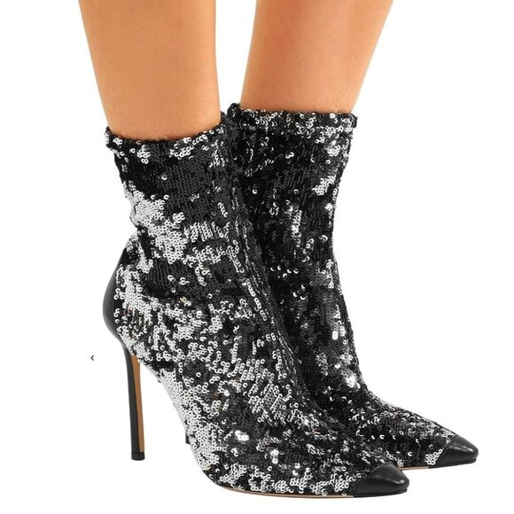 NEW Jimmy Choo 5 Ricky 85 Sequin Ankle Sock Boots Pointed Toe Stiletto Black - Picture 1 of 7